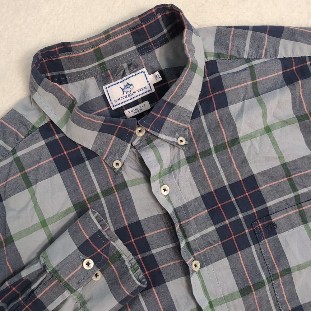 Southern Tide Shirt Mens 2XL Blue Plaid Trim Fit Long Sleeve Button Down Fish